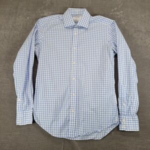 T M Lewin Mens Slim Fit Gingham Dress Shirt Blue White Long Sleeve Cotton 15 34
